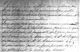 Hyperlinked small image (excerpt) to a larger page view at this Website of a document from microfilm dated October 17, 1722 - Monpetit's 1884 copy of Glackmeyer's 1845 copy of Brodhead's transcription. It was obtained from  LAC & is about one named Petitpas and his young son