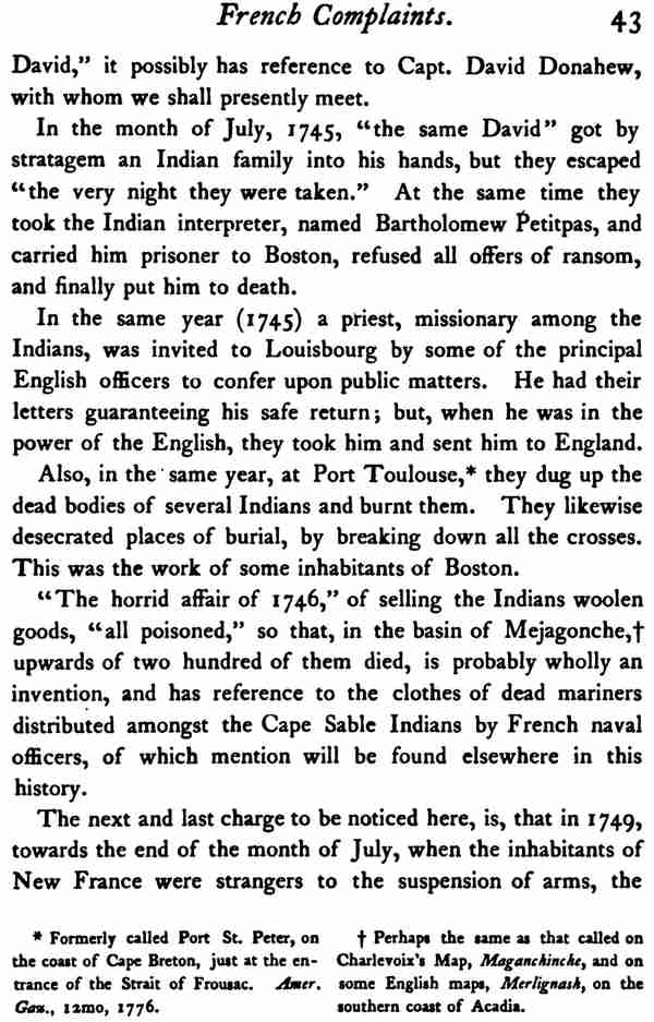These research pages are from Samuel Gardner Drake's book published in 1870. As for the French Complaints at page 43, a reference about Barthelemy Petitpas says that they “finally put him to death”.